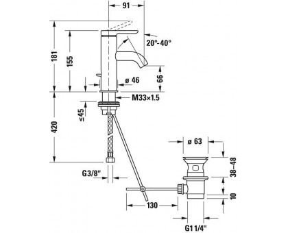 C11010001010 C.1 Смеситель для раковины, Н 155 мм, излив 91 мм, с донным клапаном, соединительные шланги 3/8“, хром