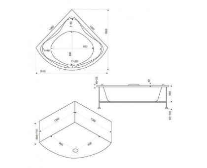 Ванна акриловая Bas Риола 135х135х64,4, угловая, с гидромассажем