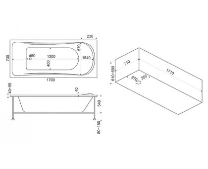 Ванна акриловая Bas Атланта 170х70х66, прямоугольная, с каркасом