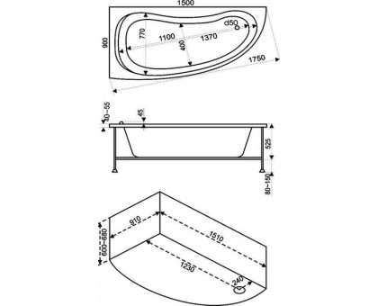 Ванна акриловая Bas Алегра 150х90х65, угловая асимметричная (левая), с каркасом