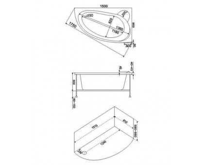 Ванна акриловая Bas Вектра 150х90х62, угловая асимметричная (правая), с каркасом