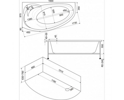 Ванна акриловая Bas Фэнтази 150х88х67, угловая асимметричная (левая), с каркасом