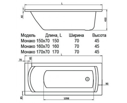 Ванна акриловая Santek (Сантек) Монако 150х70х45 прямоугольная