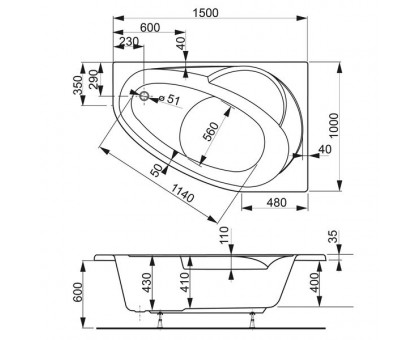 Ванна акриловая VAGNERPLAST (Вагнерпласт) Flora 150 см, угловая асимметричная правая