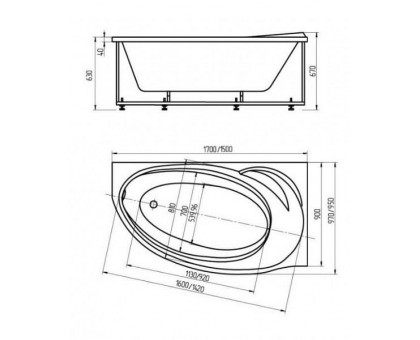 Ванна акриловая Aquatek Бетта R 170x97 см, правая, с фронтальным экраном и каркасом